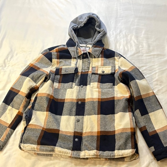 Levi's Mens Hooded Flannel Shirt Jacket Plaid Sherpa Lined Snap & Zip Up Heavy - Picture 1 of 11